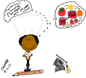 chef thinking about ingredients for tomato sauce recipe