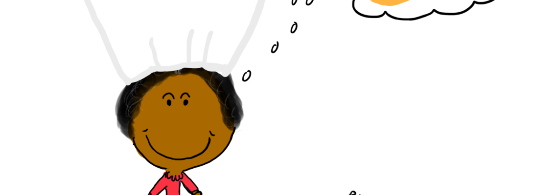 Cartoon chef with two thought bubbles - one with a bread recipe and the second with a loaf of bread