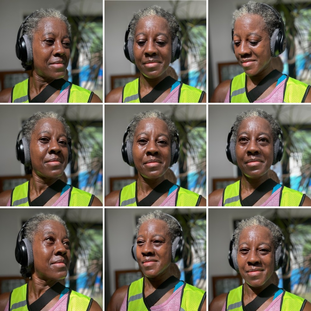 Headshot of woman wearing headphones